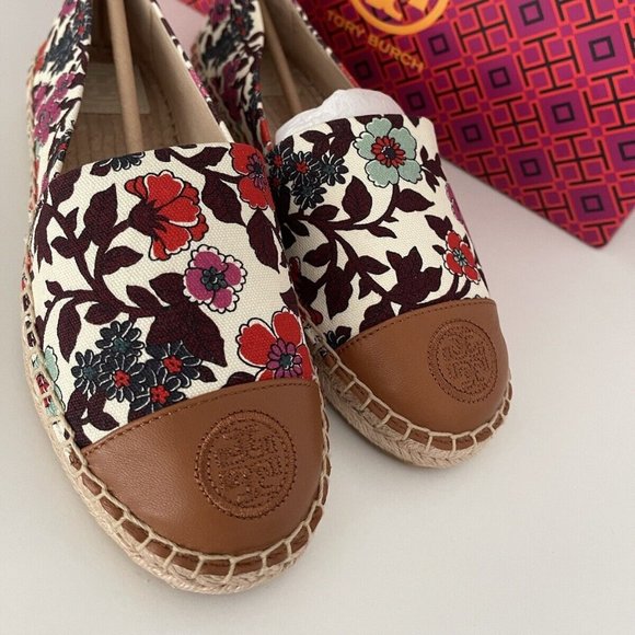 Tory Burch Color Block Flat Espadrilles Printed Canvas Nappa Leather Size 6.5 - Picture 3 of 7